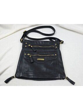 Adrienne Vittadini Black Leather Crossbody Bag With Gold Accents Zippers